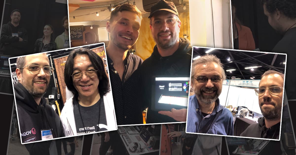 Picture with Adam Neely, Tomo Fujita and Jens Larsen.